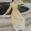 Midi Vintage Long Women Dress Elegant Mid-calf Sailor Collar Fit and Flare Yellow Vestidos Sleeve Spring 210603