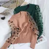 Gaganight Polk Dot Vintage Mesh Patchwork Fashion Sweater Spring Höst Chic Stretchy Strikked Pullover Kvinna Koreanska Toppar 210519