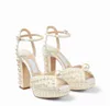 22s Women Wedding Bride Pumps Dress Shoes White Satin Platform Sandaler med all-over Pearl Embellment Sandal High Heel Platforms Chunky Heels 35-43