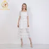 夏の滑走路のセルフポートレートドレス女性白い刺繍レースロングパーティー女性エレガントなフリルES 210520