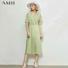 Minimalism Spring Summer Fashion Lapel Solid Women Dress Causal Elastic Waist Half Sleeve Calf-length Female 1076 210527