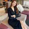 Black coreano único-breasted vestido longo mulheres manga v-pescoço vestidos de sereia elegante moda senhoras vestidos femme 210513