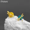 Inature 925 Sterling Silver Natural Stone Dragonfly on the Leaf Stud earrings for fise Jewelry Brincos 2106186981916