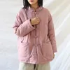 Johnature Women Chinese Style Parkas Solid Color Linen Coats Vintage Button Pockets Stand Long Sleeve Thick Warm Parkas 210521