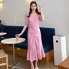 Розовое длинное платье для женщин летом с коротким рукавом V шеи корея линии дамы сексуальные выдолбленные Maxi платья 210602
