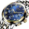 Lige evighet 9810 Sport Mens Klockor Datum Ring Japan VK Quartz Chronograph Movement Män Klockor Stål Väska Guld Bezel Two Tone Rostfritt Armband