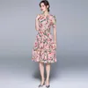 Elegant Summer Pomegranate Printed Dress Vintage Women Flower Short Sleeve Lace Up Sashes Holiday Boho Vestido 210529