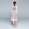 İlkbahar Yaz Kadın Çiçek Baskılı Ekleme Mesh Elbise Seksi Perspektif Uzun Fener Kol Mesh Pembe Fransız Zarif Midi Elbise 210514