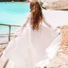 White Beach Cover Up Geometric Hollow Out Lace Patchwork Sexy Deep V-neck Flared Sleeves Tunic Dress Bathing Suit 210604