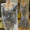 2023 New Sparkly Paillettes Silver Mermaid Abiti da sera Collo a cuore Maniche lunghe Plus Size Abiti da cerimonia per occasioni speciali