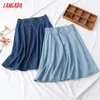 Tangada Women Blue Denim Skirt Vintage Strethy Waist Summer Ladies Elegant Chic Mid Calf Skirts 5N18 210609