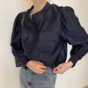 Vintage Puff manga Stand Collar Corea Casual otoño moda blusa de un solo pecho mujeres bolsillos finos camisa sólida Tops 12365 210521