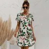 Manches courtes O Cou Fleur Imprimer Bohème Robe Taille Lâche Casual A-ligne Au Genou Plus La Taille Vêtements D'été Pour Les Femmes 210604