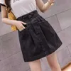 Elastische hoge taille denim rok vrouw rokken mini jean zakken casual streetwear vrouwelijke A-lijn sexy zwart 210619