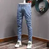 Rua moda homens jeans retro cinza elástico magro encaixe rasgado estilo coreano estirador estirativo casual denim lápis calças