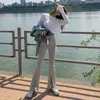 Womengaga婦人夏スリム韓国のコード付きフレアパンツ分割ワイドレッグニットズボンファッション女性D1LF 210603
