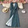 Summer Style Slim Maxi Vestidos Kvinnors Split Wrap Kjol Temperament V-Neck Slips Midja Tryckt One-Piece Dress C654 210506