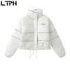 Fashion PU fabric Parkas reflective stripes Short stand-up collar jacket coat Thicken Warm Loose Outerwear Winter 210427