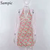 Sampic CasuaL Women Y2K Knitted Summer Beach Halter Fashion V Neck Mini Club Wrap Dress Backless Floral Party Short Red Dress Y1204