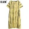 [EAM] Женщины желтый полосатый большой размер MIDI платье круглая шея с коротким рукавом свободная подходящая мода весна лето 1dd5980 210512