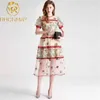 Women's Mid-calf Dress Summer Vestidos Retro O neck Short Puff Sleeve Lace Stitching Slim Embroidered Mesh 210506