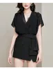 est Fashion Designer Suits Summer Women Sexy Deep V Neck Black chiffon shirt tops + Button Mini Skirt Set 210519