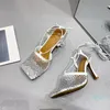 Scarpe eleganti Taglia 35-42 Décolleté a rete da donna verde cristallo Runway Punta quadrata Caviglia Sandali con strass con tacco alto e tacco alto