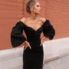 Mulheres Vintage Sexy Bodycon Dress Pure V Pescoço Off Ombro Lanterna Sleeve Party Noite Elegante Midi Mujer Preto 210422