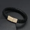 Punk Black Braided Leather Rope Bracelet Gold Color Magnetic Buckle Bracelets Punk Men Charm Bangle Jewelry