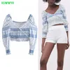 VUWWYV Top da donna Bianco Blu Stampa Crop Top Camicette da donna Estate Manica lunga pieghettata Tuniche da donna Camicia femminile 210430