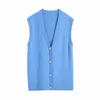 Streetwear Femmes Bleu Pull Gilet Mode Dames Col En V Réservoirs Tricotés Causal Femelle Chic Diamdons Bouton Cardigans 210527