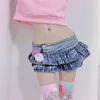 Japanese Girl Pleated Super Mini Denim Skirts Low Waist A Line Bud Solid Night Club Party Wear Skirt Punk Style 210629