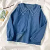 Kimutomo Kontrast Renk Bluz Bahar Stil Kadınlar Peter Pan Yaka Ofis Bayan Uzun Kollu Tek Göğüslü Üst Zarif 210521