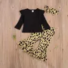 Newborn Baby Girl Clothing Sets Solid Color Flare Tops Leoprad Print Long Pants Headband 3Pcs Outfits Set