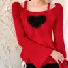 Röd Mohair Pullover Stickad tröja Kvinnor Stor Långärmad Kärlekmönster Vintage Halter Elegant Knitwear E-Girl Lossa In Stickad Top 210515