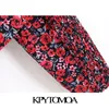 KPYTOMOA Moda Feminina Blusa Cropped Estampa Floral Vintage Decote em V Manga Longa Costas Elástica Camisas Femininas Chic Tops 220307