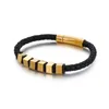 Wholesale Premier Jewelry (3pieces/lot) Small Cube Gold Color Stainless Steel Spring Clasp Black Cord Genuine Leather Chain Bracelet for Men