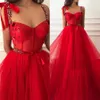 Simples espaguete cintas artesanal flor tule vermelho vestidos de noite de cristal comprimento 2021 longo vestido de baile robe de soiree para mulheres