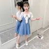 Dzieci Dżinsowe Suknie Dla Dziewczyn Big Bow Girl Patchwork Summer Casual Style Costume 210528