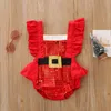 Noworodek Boże Narodzenie Playsuit Maluch Dziewczynek Krawing Wzburzyć Cekiny Rękaw Kierowniczy Square Collar Romper Kombinezony Red G1221