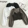 Ezgaga French Style Woman Shirts Patchwork Fałszywy Dwa Vintage Eleganckie Crop Tops O-Neck Z Długim Rękawem Slim Ladies Koszulki Słodkie 210430