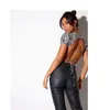 Womens Fashion Printing Slim Short T-shirt Sleeve Backless Drawstring Lace-up Bandage Crop Tops Summer Basic Tee