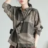 Arrival Autumn Women Shirt Plus Size Batwing Sleeve Loose Casual Plaid Blouse Vintage Cotton Linen Shirts Womens Tops D368 210512