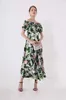runway designer lily flower printed slash neck ruched floral maxi A-line short sleeve summer robe de mujer vintage dress 210421