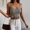 Graue Tank Tops Sexy Crop Weste Casual Sling Solide Koreanische Weibliche Off Schulter Dünne Gestrickte Leibchen Sommer Frauen Rüschen Kurze 210522