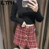 Vintage rouge plaid tenues femmes jupe costumes doux tweed blazer veste décontractée taille haute paquet jupes de hanche printemps 210427