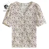 Fansilanen Puff Sleeve Floral Print Chiffon Blouse Shirt Dames V-hals Vintage Zomer Top Vrouw Boho Casual Button Up Sexy 210607