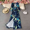 Summer Style Slim Maxi Vestidos Kvinnors Split Wrap Kjol Temperament V-Neck Slips Midja Tryckt One-Piece Dress C654 210506