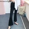Womengaga Sólida Cintura Alta Sexy Calças Flamejadas Coréia Verão Moda Mulheres Preto Fino Casual Elastic Lv9r 210603
