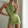 FSDA 2021 Verde Backless Mini Abito Spiaggia Delle Donne Halter Neck Senza Maniche Estate Nero Off Spalla Partito Abiti Aderenti In Maglia Sexy Y0603